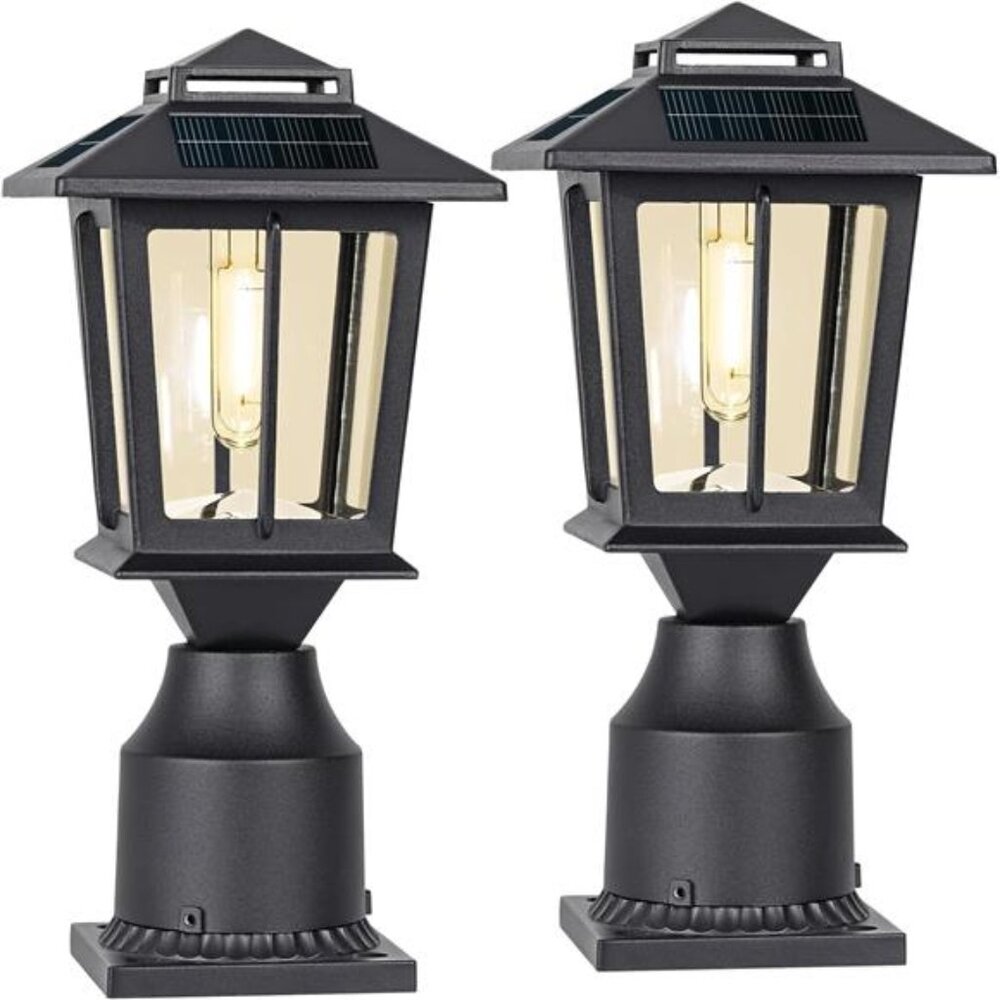 Metal Solar Post Lights 2 Pack, Solar Post Cap Light, Solar Lamp Post for Pole